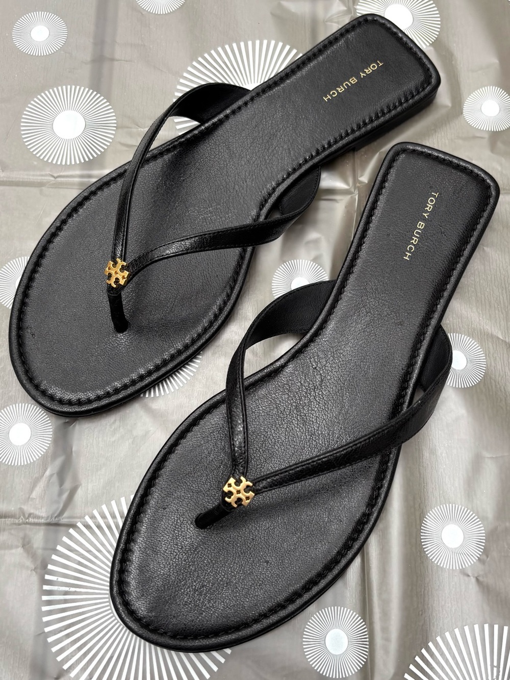 Tory Burch Black Leather Thong Sandals with Gold Emblem